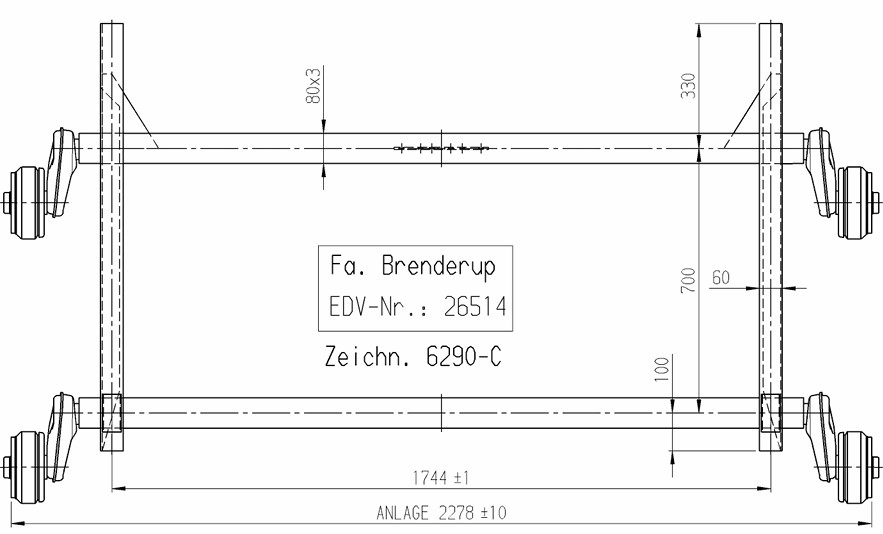 ALKO tandem aksel 2000kg 4x100 A:1744 C:2278 Brenderup bådtrailer
