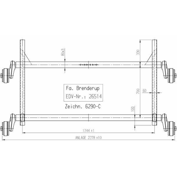 AL-KO tandem aksel 2000kg  4x100 A:1744 C:2278 Brenderup b�dtrailer