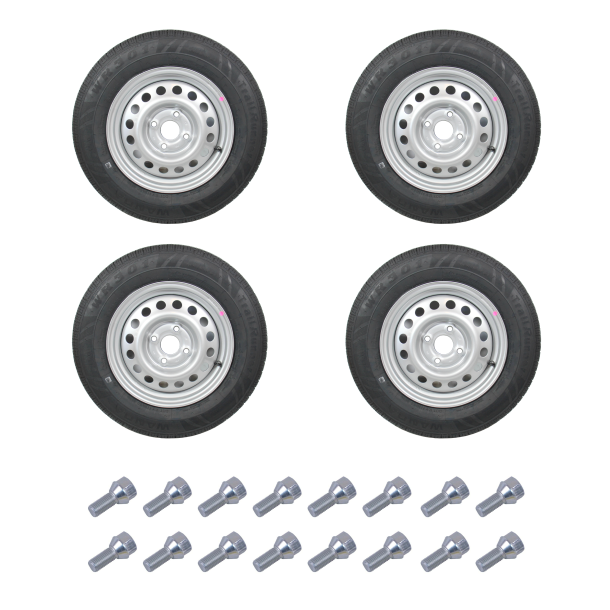 4 STK. KOMPLETTE HJUL 155/80R13 4X100 500KG INKL. 16 HJULBOLTE - KAMPAGNE