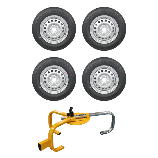 4 STK. KOMPLETTE HJUL 155/80R13 4X100 500KG INKL. 1 UNIVERSAL HJULL�S - KAMPAGNE